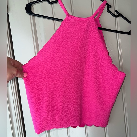 Women’s Fuschia Neon Cropped Scalloped Crop Top - Picture 2 of 3
